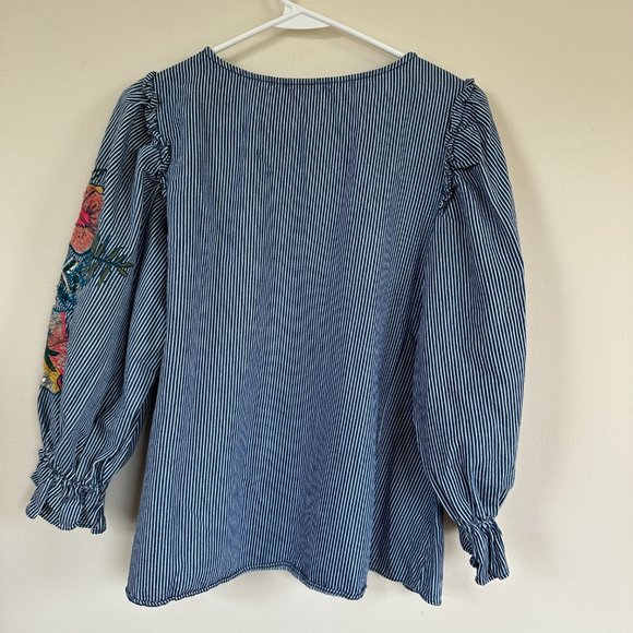 Zara Floral Embroidered Denim Striped Balloon Puff Sleeve Top SMALL - Picture 8 of 12